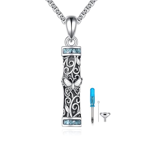 Urn Necklaces for Ashes Sterling Silver Cylinder Memorial Pendant for Loved Ones Keepsake Cremation Jewelry Gifts for Women Men - style: Butterfly