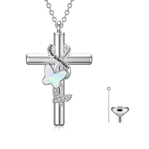 Cross Urn Necklace for Ashes 925 Sterling Silver Cremation Jewelry with Funnel Filler Kit Ashes Necklace for Human Women Girl Pets - color: A_Opal Butterfly Urn Necklace, style: Non-personalized