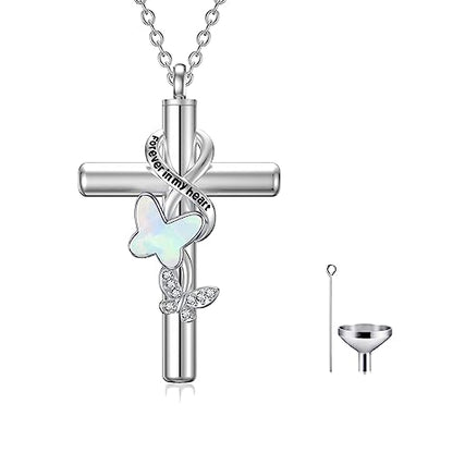 Cross Urn Necklace for Ashes 925 Sterling Silver Cremation Jewelry with Funnel Filler Kit Ashes Necklace for Human Women Girl Pets - color: A_Opal Butterfly Urn Necklace, style: Non-personalized