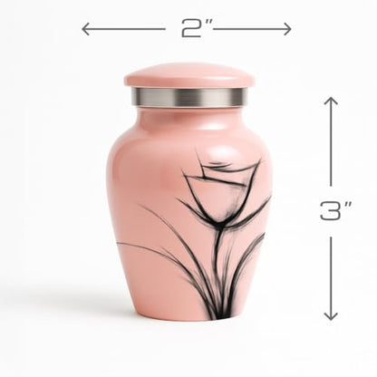 Custom Pink Flower Mini Urn – Personalized Text Only – Small 3" Keepsake Cremation Urn for Human Ashes – Drawn Tulip Design – Velvet Bag, Box & Funnel – Made in USA - color: Customized Pink, size: Small