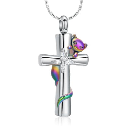Cross Urn Necklaces for Men Women Cat Butterfly Cremation Jewelry for Ashes Stainless Steel Pet Memorial Ashes Pendant Keepsakes Jewelry - color: Rainbow