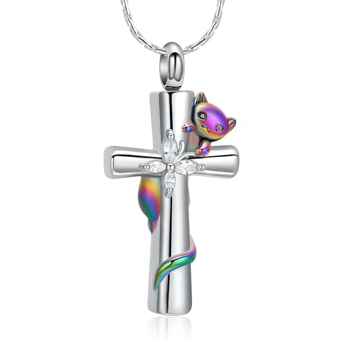 Cross Urn Necklaces for Men Women Cat Butterfly Cremation Jewelry for Ashes Stainless Steel Pet Memorial Ashes Pendant Keepsakes Jewelry - color: Rainbow