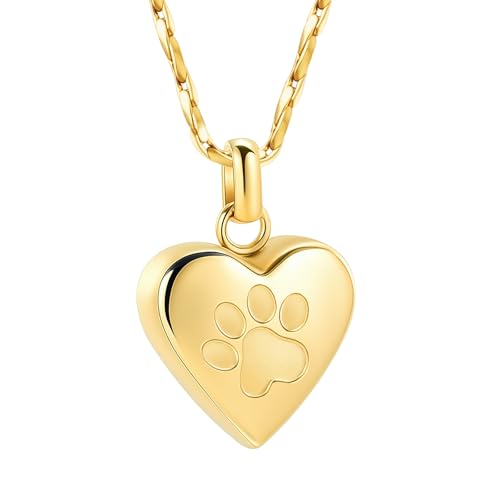 Paw Print Heart Urn Necklace for Pet Ashes Cremation Jewelry Memorial Keepsake Pendant for Dog/Cat Stainless Steel Ash Holder Necklace - color: Gold