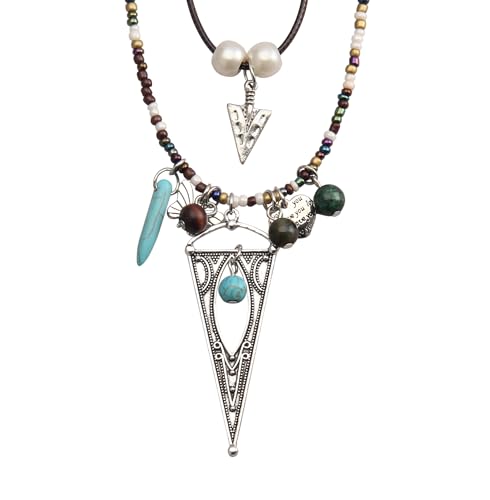 PU Leather Necklace Vintage Boho Multilayer Pendant for Women Men | Bohemian Hippie Style, Handmade Alloy Sweater Choker, Easy Adjustable Long Cord, Fit Daily Holiday Party Outfits,Jewelry Gift - color: Double Layer Triangle Pendant Beaded Choker