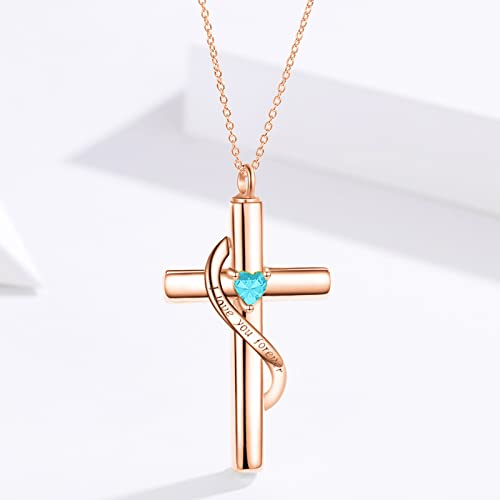 SOULMEET Personalize Solid 10k 14k 18k Real Gold Birthstone Cross Locket for Ashes, Simulated Gemstone Cross Urn Necklaces with Gold Chain Keepsake Cremation Jewelry - style: C-Rose Gold March