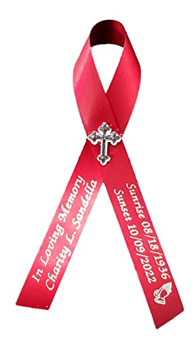 Personalized Memorial Service Funeral Ribbon Pins 20 Cross Religious Celebration of Life Custom Made Awareness Remembrance Anniversary Death Cross Sympathy Name Angel - color: Burgundy