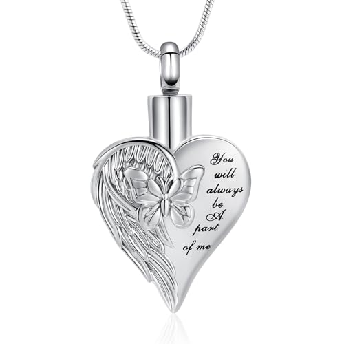 Love Heart Cremation Jewelry Urn Necklaces Butterfly Urn Necklaces for Ashes Memorial Keepsake Pendant for Women Men Gifts With Funnel Kit & Bag - color: Silver