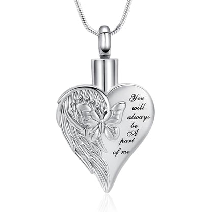 Love Heart Cremation Jewelry Urn Necklaces Butterfly Urn Necklaces for Ashes Memorial Keepsake Pendant for Women Men Gifts With Funnel Kit & Bag - color: Silver