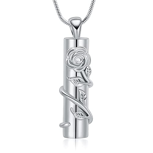 Rose Flower Urn Necklace Cylinder Bar Urn Necklace for Ashes Pendant Necklace Keepsake for Ashes Memory Keepsake Cremation Jewelry for Women Memorial - color: Silver