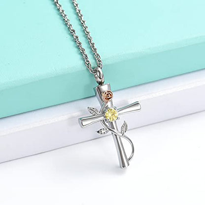 shajwo Cross Urn Necklace for Ashes Birthstone Rose Flower Cremation Jewelry for Women Gilrs Keepsake Memorial Ashes Pendant - color: Yellow