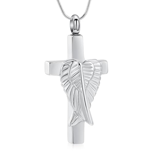 Cross Cremation Jewelry Urn Necklaces Cross Angel Wings Urn Necklaces for Ashes Memorial Keepsake Pendant for Women Men Gifts With Funnel Kit & Bag - color: Silver