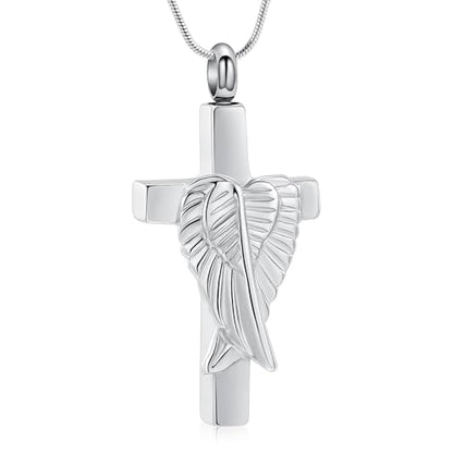 Cross Cremation Jewelry Urn Necklaces Cross Angel Wings Urn Necklaces for Ashes Memorial Keepsake Pendant for Women Men Gifts With Funnel Kit & Bag - color: Silver