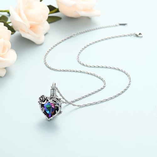 shajwo Cremation Jewelry Rose Flower Heart Urn Necklaces for Ashes for Women Memorial Human Ashes Pendant - color: Rainbow