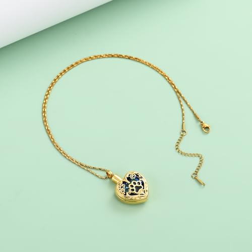 Yinplsmemory Pet Urn Necklace Pendant Jewelry for Dog Cat Memorial Crystal Heart Cremation Jewelry with Paw Print Ashes Keepsake Funeral Jewelry - color: Gold-blue