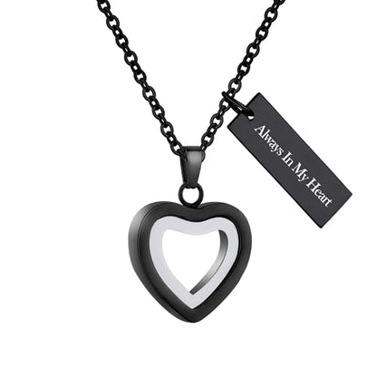 Glass Heart Cremation Urn Necklace for Ashes Stainless Steel Memorial Ash Pendant Keepsake Jewelry Cremation Jewelry for Women - color: Black-Always In My Heart