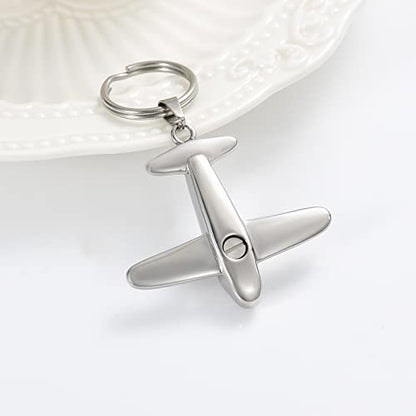 Minicremation Cremation Jewelry Urn Keychain for Ashes Airplane Memorial Urn Pendant for Human Pet's Keepsake Key Chain - color: Silver