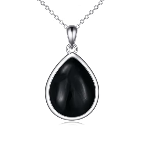 CRMAD Larimar/Opal/Lapis Lazuli/Tourmaline/Malachite/Labradorite/Turquoise/Onyx/Rose Quartz/Amber/Peridot Necklace for Women 925 Sterling Silver Teardrop Pendant Jewelry Gifts - color: black tourmaline