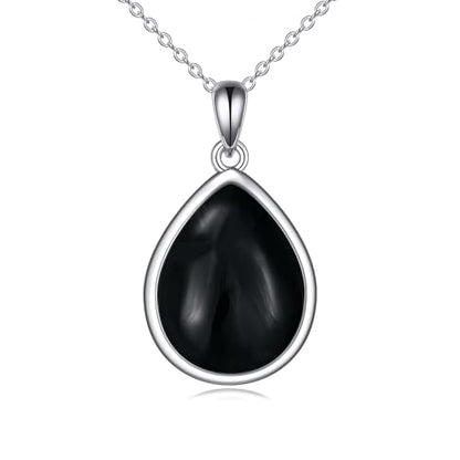 CRMAD Larimar/Opal/Lapis Lazuli/Tourmaline/Malachite/Labradorite/Turquoise/Onyx/Rose Quartz/Amber/Peridot Necklace for Women 925 Sterling Silver Teardrop Pendant Jewelry Gifts - color: black tourmaline