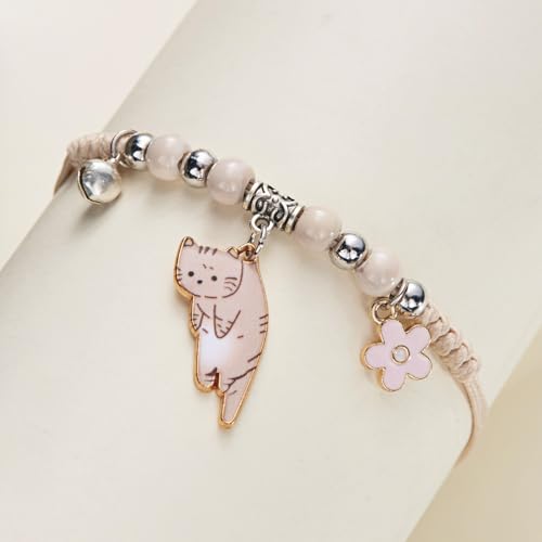 POYAMUSE Lovely Cat and Flower Strand Bracelet - Colorful Beads, Adjustable for Women - color: Ginger white