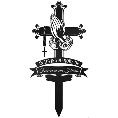 Memorial Cross Grave Marker with Praying Hands & Rosary - color: Cross
