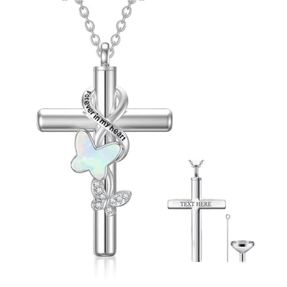 Cross Urn Necklace for Ashes 925 Sterling Silver Cremation Jewelry with Funnel Filler Kit Ashes Necklace for Human Women Girl Pets - color: A_Opal Butterfly Urn Necklace, style: Personalized