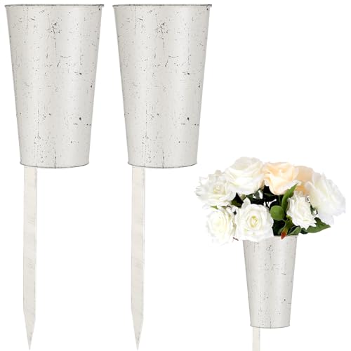 Uiifan 2 Pcs Metal Cemetery Stake Vases for Graveside Memorial Flowers | Secure Ground Spike with Easy Placement, Durable Metal Outdoor Memorial Decor, Holds Fresh Flowers at Graveside Tributes