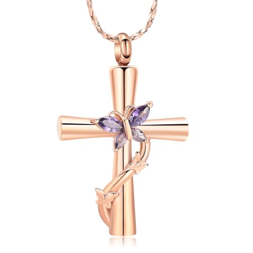 Butterfly Cross Urn Necklace for Ashes Crystal Butterfly Cremation Jewelry Ashes Pendant for Women Men Memorial Keepsake Jewelry for Human shes of Loved Ones - color: Rose&Purple