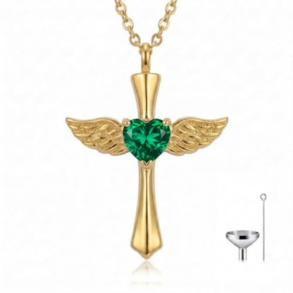 14K Gold Angel Wings Cross URN Necklace Cremation Necklaces for Ashes Embellished with Birthstone, Yellow Gold Fine Keepsake Memorial Jewelry - color: May Birthstone