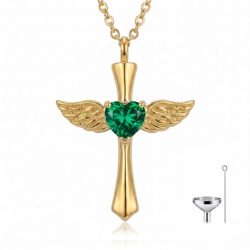 14K Gold Angel Wings Cross URN Necklace Cremation Necklaces for Ashes Embellished with Birthstone, Yellow Gold Fine Keepsake Memorial Jewelry - color: May Birthstone