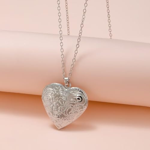 DIY Heart Locket Necklace with Engraved Floral Design, Openable Photo Frame Pendant for Women, Adjustable Chain for Layering（Silve） - color: Silver