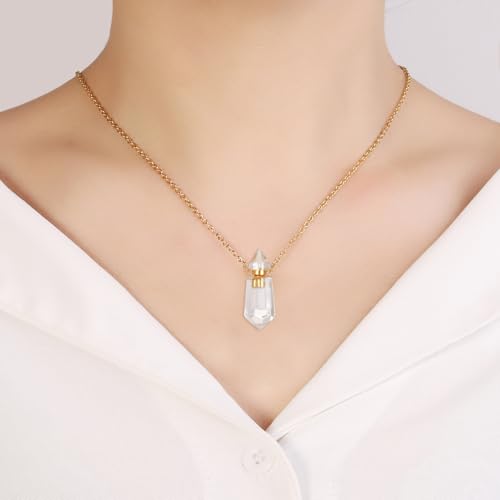 Gold Stainless Steel Urn Necklace For Ashes Of Loved Ones Natural Crystal Gemstones Cremation Keepsake Jewelry Hexagonal Prism Memorial Pendant For Women Mom - color: Clear