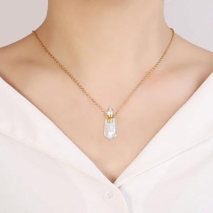 Gold Stainless Steel Urn Necklace For Ashes Of Loved Ones Natural Crystal Gemstones Cremation Keepsake Jewelry Hexagonal Prism Memorial Pendant For Women Mom - color: Clear