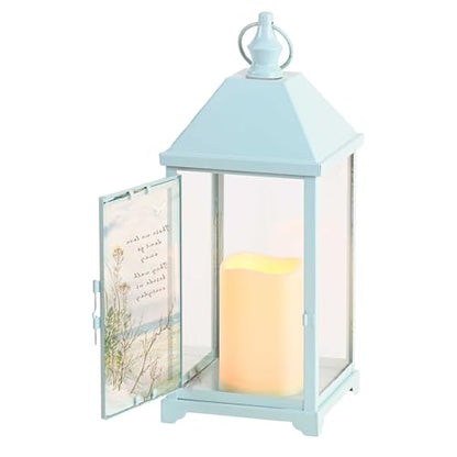Magnolia Garden 14 Inch Sky Spring Blue Metal Traditional Lantern – LED Candle Bereavement Home Decor – Beachy Floral Design – Those We Love Do Not Go Away, They Walk Beside Us - size: 5.25 x 5.25 x 14, style: Those We Love Do Not Go Away
