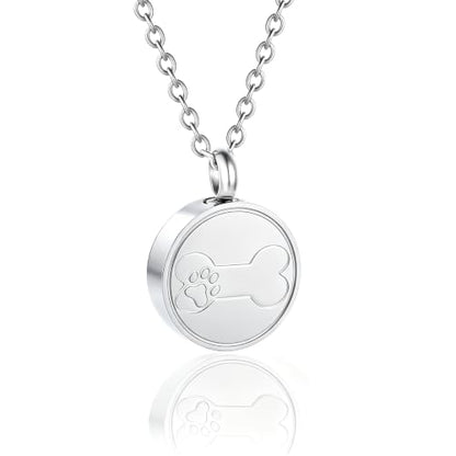 Round Pet Urn Pendant Necklace, Dog Paw Print and Bone Engraved Cremation Jewelry for Ashes, Stainless Steel Dog Keepsake Jewelry Urn Necklaces for Ashes for Women Men - color: Silver
