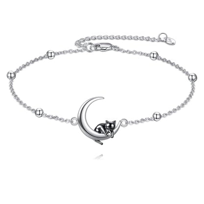 AOBOCO 925 Sterling Silver Cute Cat Kitty Bracelet Adjustable Link Chain, Cat Jewelry Gifts for Cat Lovers 7-9 inches - style: G-Cat&Moon