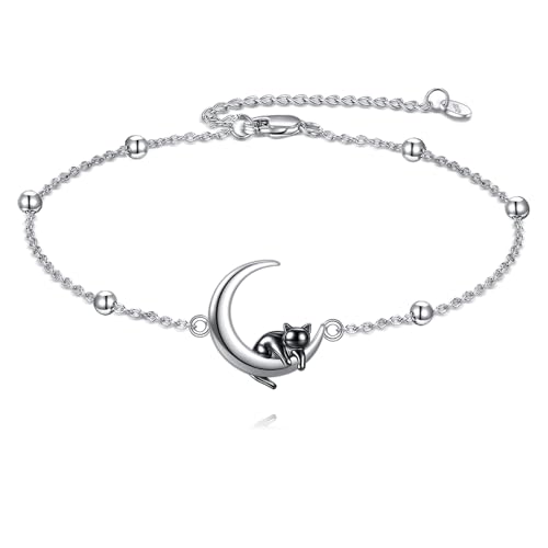 AOBOCO 925 Sterling Silver Cute Cat Kitty Bracelet Adjustable Link Chain, Cat Jewelry Gifts for Cat Lovers 7-9 inches - style: G-Cat&Moon