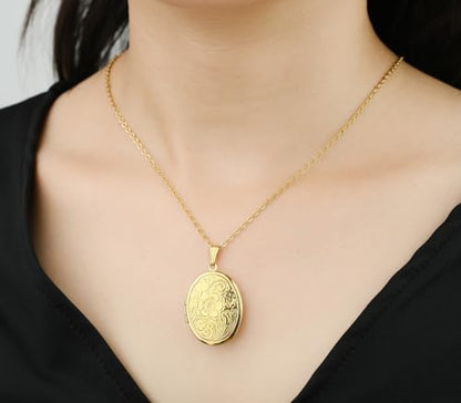 Gold Oval Flower Locket Necklace that Holds Pictures Photo Locket Pendant - color: GoldOval