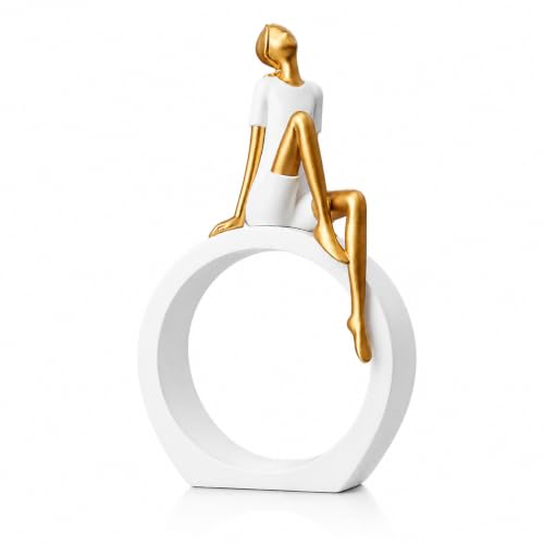 Thinker Modern Abstract Girl Figurine on Circle Ring, Resin Tabletop Statue Ornament, Decor for Bookshelf Office Living Room, Art Gift for Family Friends