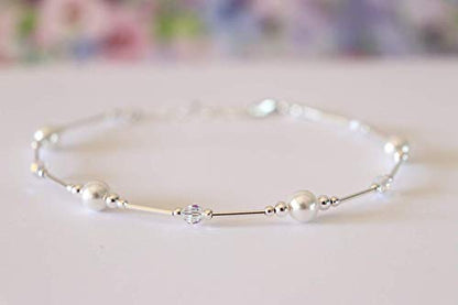 Anklet White Pearl & Iridescent Crystal Sterling Silver Beach Wedding Bridesmaid Anniversary Gift - style: Average 8 1/2" to 10"