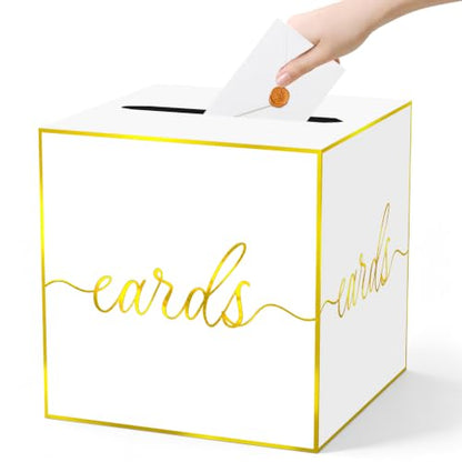 White and Gold Foil Card Box for Wedding, Bridal Shower and Anniversary | Collect Cards and Envelopes in One Place with an 8.7 Inch Cube, Wide Top Slot and Elegant White Gold Foil Design - color: White Gold