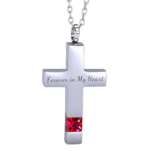 Cross Urn Necklace for Ashes Birthstone Cremation Jewelry Keepsake Pendant for Women Men with Funnel Filler Kit Memorial Gifts for Human Pet Forever in my heart - color: Silver Red