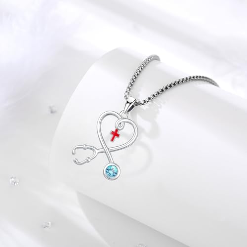 Angel Wings Necklace 925 Sterling Silver Guardian Angel Nurse RN Caduceus Pendant Charm Crystal Angel Jewelry Gifts for Women - style: H-Stethoscope-03-Mar.-Aquamarine