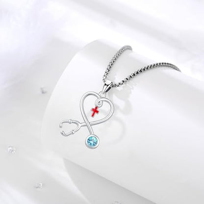 Angel Wings Necklace 925 Sterling Silver Guardian Angel Nurse RN Caduceus Pendant Charm Crystal Angel Jewelry Gifts for Women - style: H-Stethoscope-03-Mar.-Aquamarine