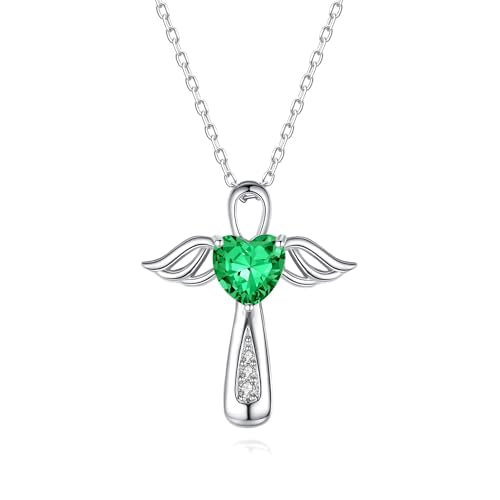 YLT S925 Sterling Silver Cross Angel Wings Necklace for Ashes | Cremation Urn Pendant Birthstone Jewelry Memorial Keepsake Memory Ashes Jewelry Gifts - color: Emerald