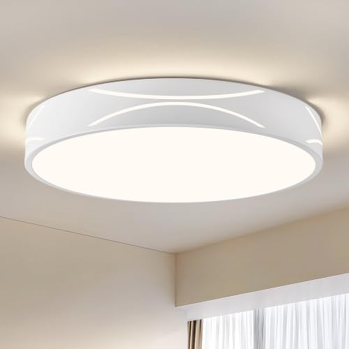WOKNOS Dimmable White LED Flush Mount Ceiling Light, Metal, 15.75 in | 5CCT 2700K-6000K Modern Close to Ceiling Lighting Fixtures, Round Ceiling Lamp for Bedroom, Kitchen, Hallway, Laundry Room - color: White, size: 15.75 in