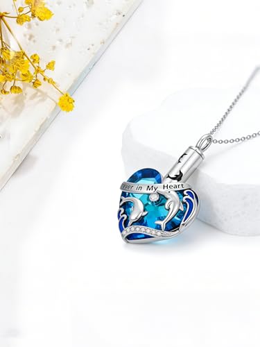 Urn Necklace for Women Sterling Silver Meaningful Memorial Jewelry | Paw Print/Butterfly/Dragonfly/Bird/Dolphin/Mountain/Tree of Life Urn Necklace for Ashes Cremation Keepsake Jewelry for Women - style: Heart-Dolphin