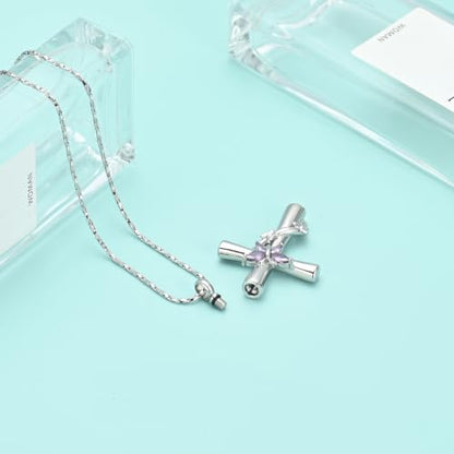 Butterfly Cross Urn Necklace for Ashes Birthstone Cremation Jewelry for Men Women Ashes Pendant Keepsake Memorial Ash Jewelry - color: Silver-Purple
