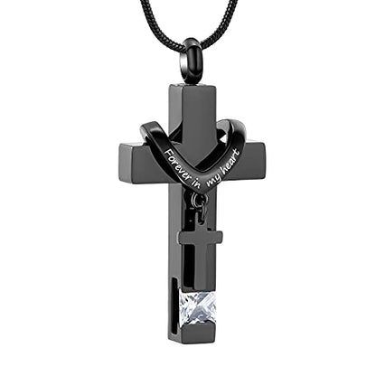 Forever in My Heart Birthstone Personalized Double Cross Urn Pendant Cremation Jewelry for Ashes Cross Ashes Keepsake - color: White