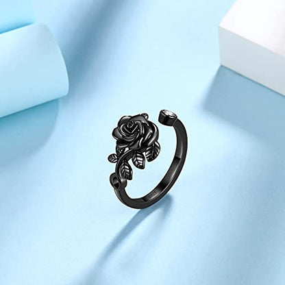 Jewmon Adjustable Flower Rose Ring for Women 925 Sterling Silver/Gold Plated Rose Flower Open Ring Elegant Promise Ring for Women Romantic Jewelry for Birthday Valentine Christmas Day Gifts - color: A,Sterling Silver Rose Ring