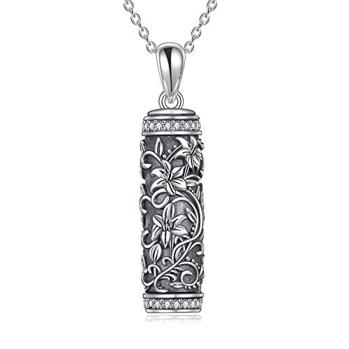 TOUPOP Tree of Life Cremation Jewelry Urn Necklace for Ashes for Women Men 925 Sterling Silver Cylinder Urn Pendant Necklaces for Human Ashes of Loved Ones Keepsake Memorial Gifts - style: 5-Lily